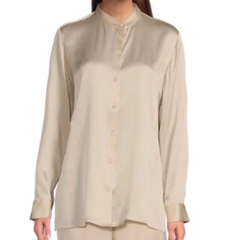 Eileen Fisher Silk Satin Mandarin Collar Long Sleeve Button Front Shirt